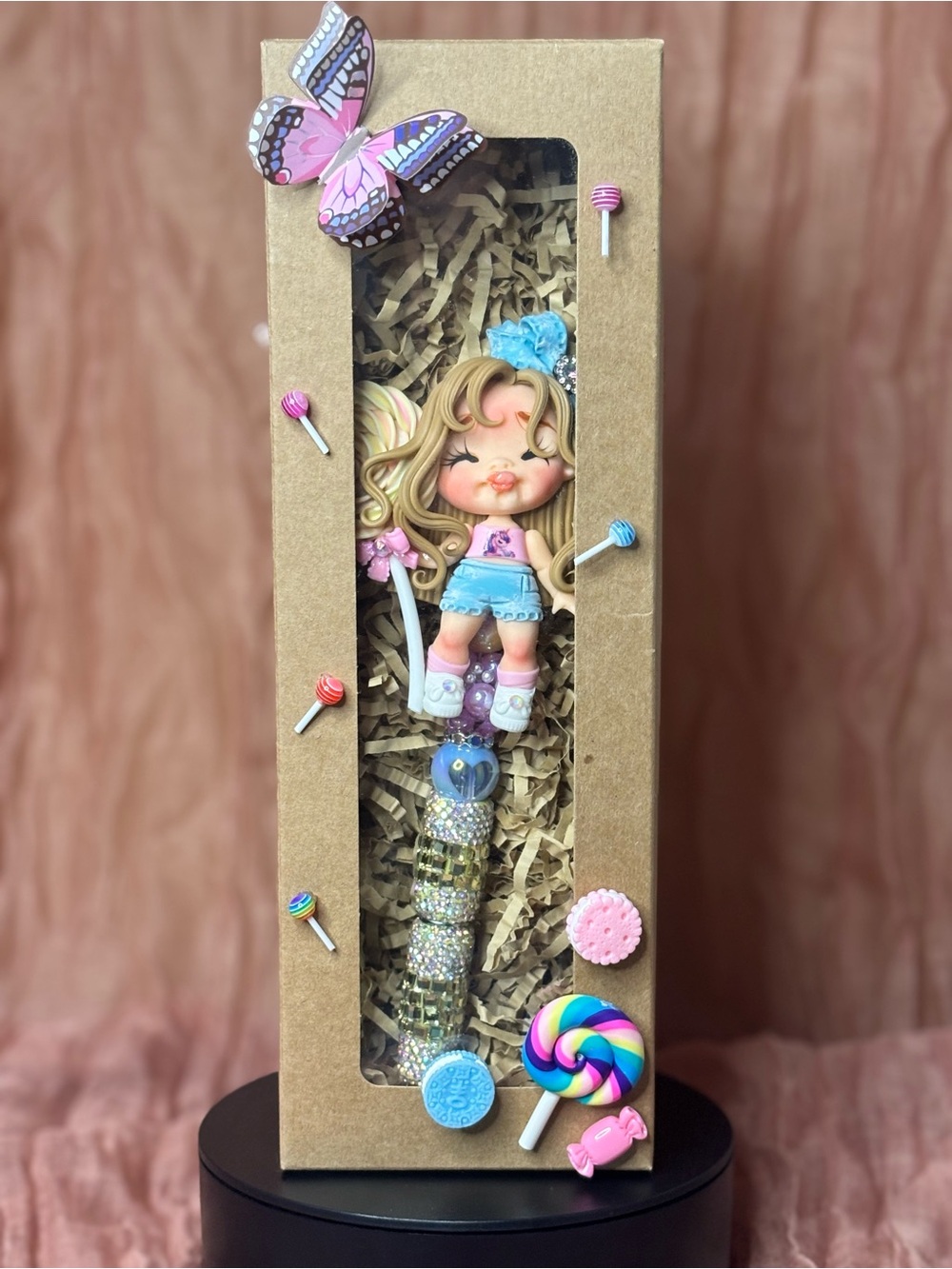 Handmade Doll Beaded Pen - Pink & Blue Candy Theme